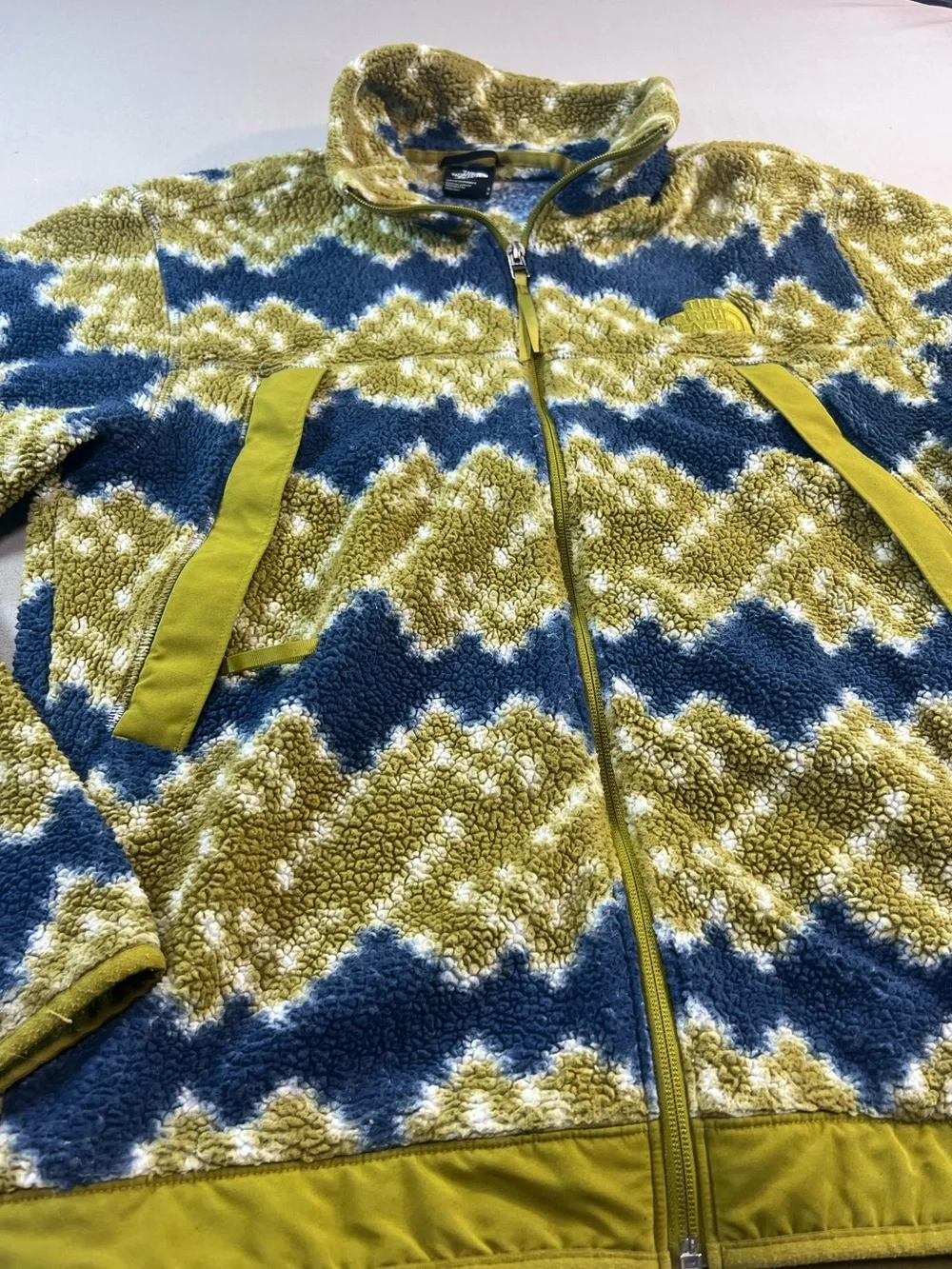 The North Face Sherpa Fleece Jacket Men’s Small Blue Green Full Zip Print Fleece